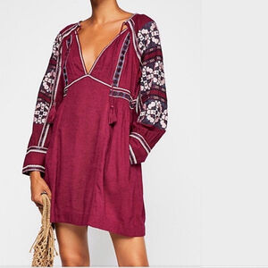 Women's Free People Burgundy Embroidered Long Sleeve Dress Size 4